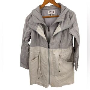 E3 by ETCETERA Sz 4 Coated Linen Raincoat Jacket Windbreaker Hooded Gray Cream